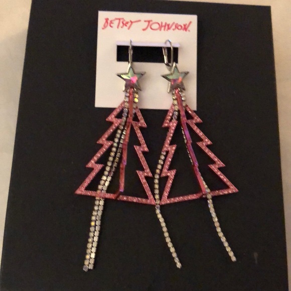 Betsey Johnson Silver Tone & Pink Metal Christmas Tree Drop Earrings Fringe NWT - Picture 1 of 13